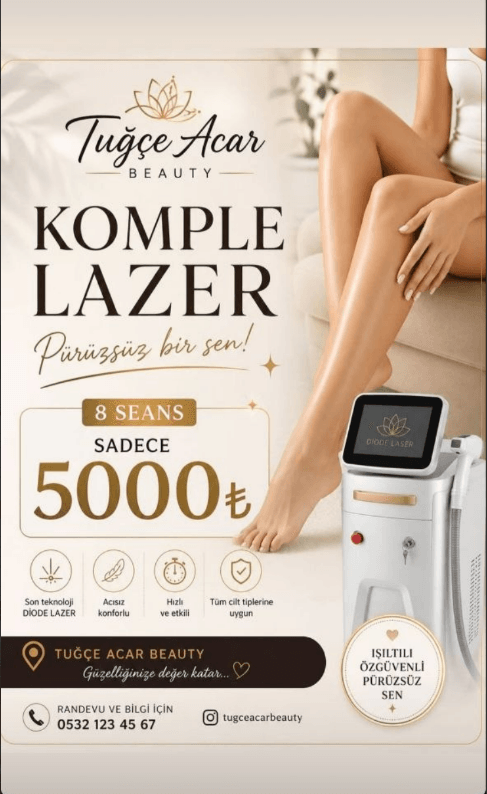 🔥 KOMPLE LAZER — 8 SEANS — 5000 ₺
Pürüzsüz bir sen! 8 seans komple lazer epila